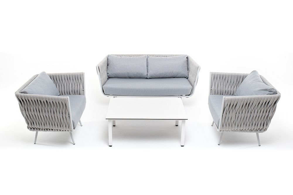 "Монако" лаунж-зона 4-местная из роупа со столом "Верона" (серый гранит), каркас светло-серый, роуп светло-серый