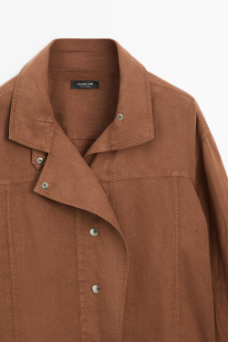 Massimo Dutti Льняная рубашка с кнопками, коричневый