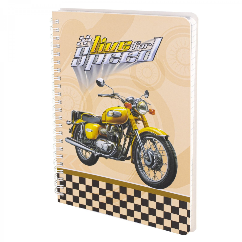 Блокнот 14,5 см * 20,5 см , гребень, Alingar, ламинация, конгрев, эффект 3D, 60 л., клетка, "Мотогонки", желтый