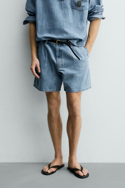 ZARA ШОРТЫ RELAXED FIT СО СКЛАДКАМИ, ГОЛУБОЙ