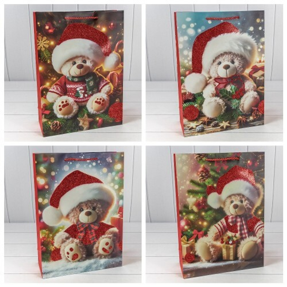 Пакет подарочный 30 х 41.5 х 12 см Набор 4 шт "Новый год" (Красный)