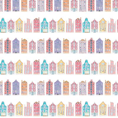 Amsterdam skyline. Seamless pattern with watercolor illustrations of colorful Amsterdam houses.