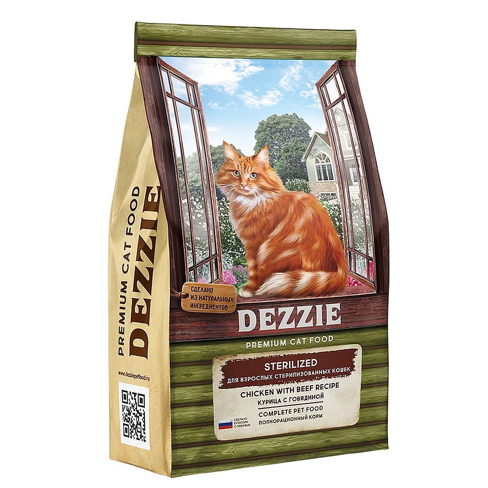 Сухой корм для взрослых стерилизованных кошек DEZZIE Sterilized Cat с курицей и говядиной, Пакет 10 кг