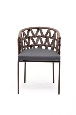 "Диего" стул плетеный из роупа, каркас из стали коричневый (RAL8016) муар, роуп коричневый круглый, ткань темно-серая 027