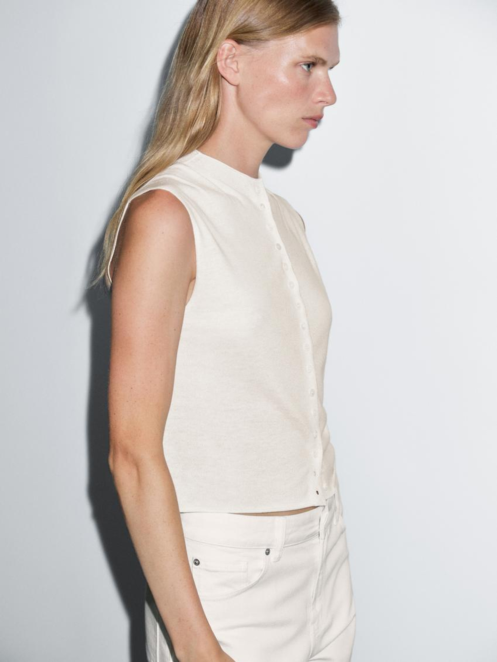 Massimo Dutti Укороченный трикотажный жилет из смесовой шерсти, натуральный, кремовый