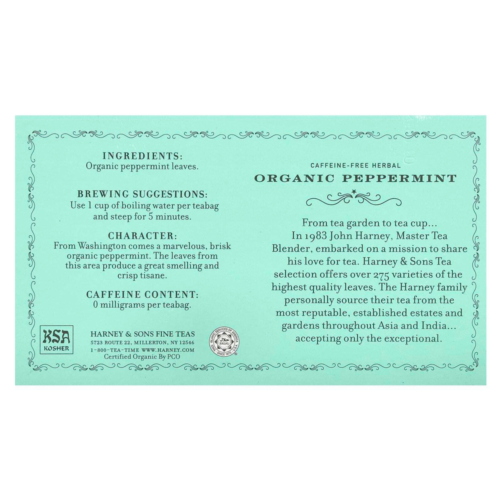 Harney & Sons, Органический травяной чай с перечной мятой, без кофеина, 50 чайных пакетиков, 50 г (1,76 унции)
