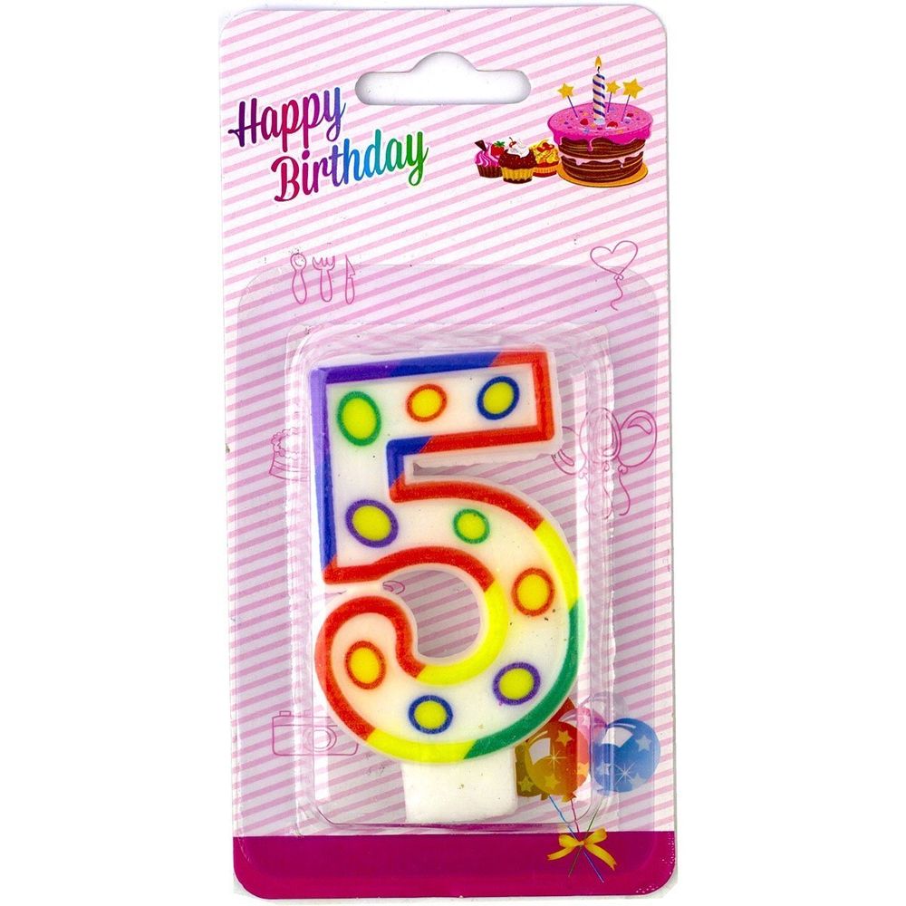Свеча для торта с держателем Alingar, 7,0 см, "Цифра 5", белый цвет, горошек, цветная окантовка, блистер с европодвесом