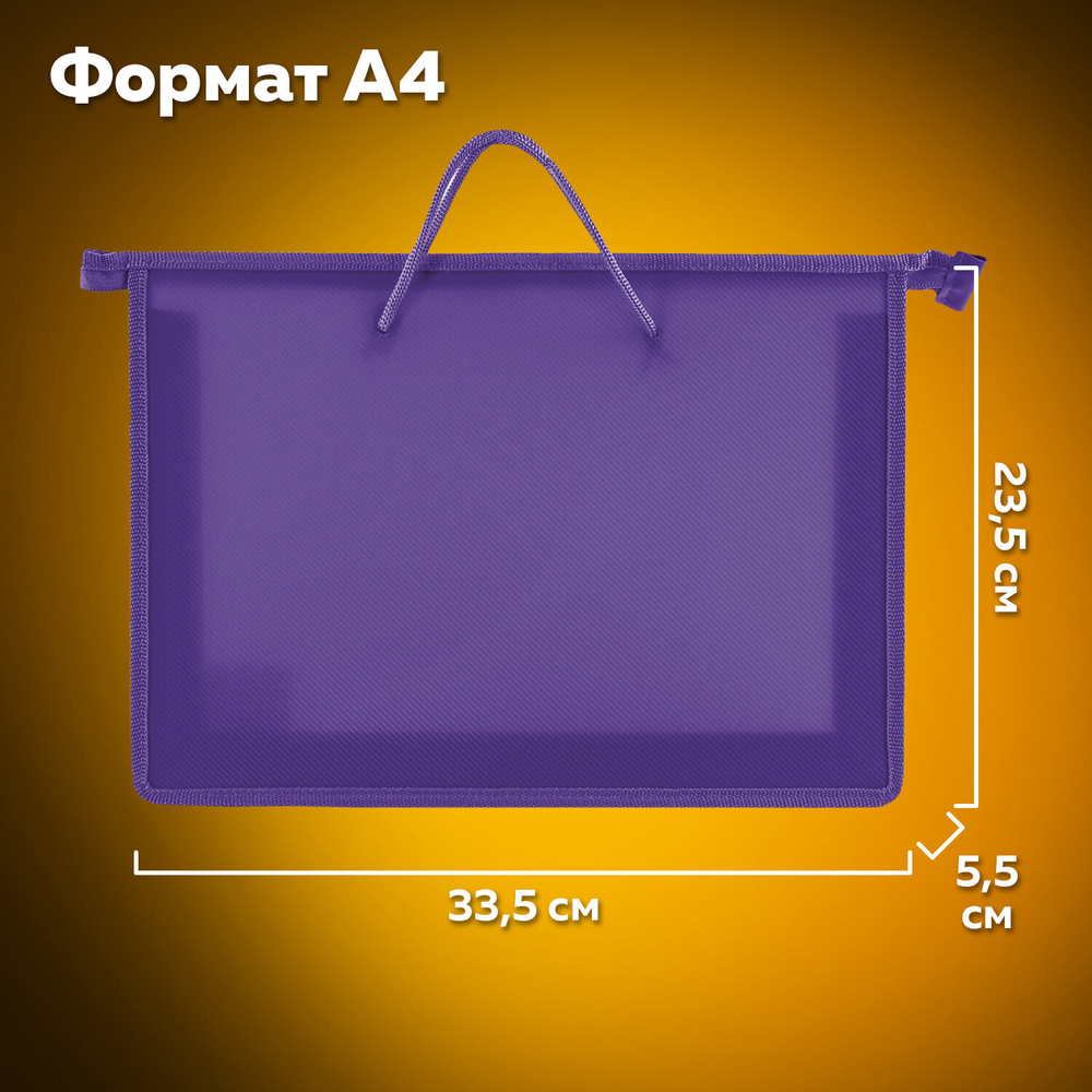 Папка на молнии с ручками ПИФАГОР, А4, пластик, молния сверху, однотонная фиолетовая, 228237