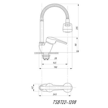 Смеситель для кухни Tsarsberg TSB-722-1208, гибкий излив, однорычажный, хром