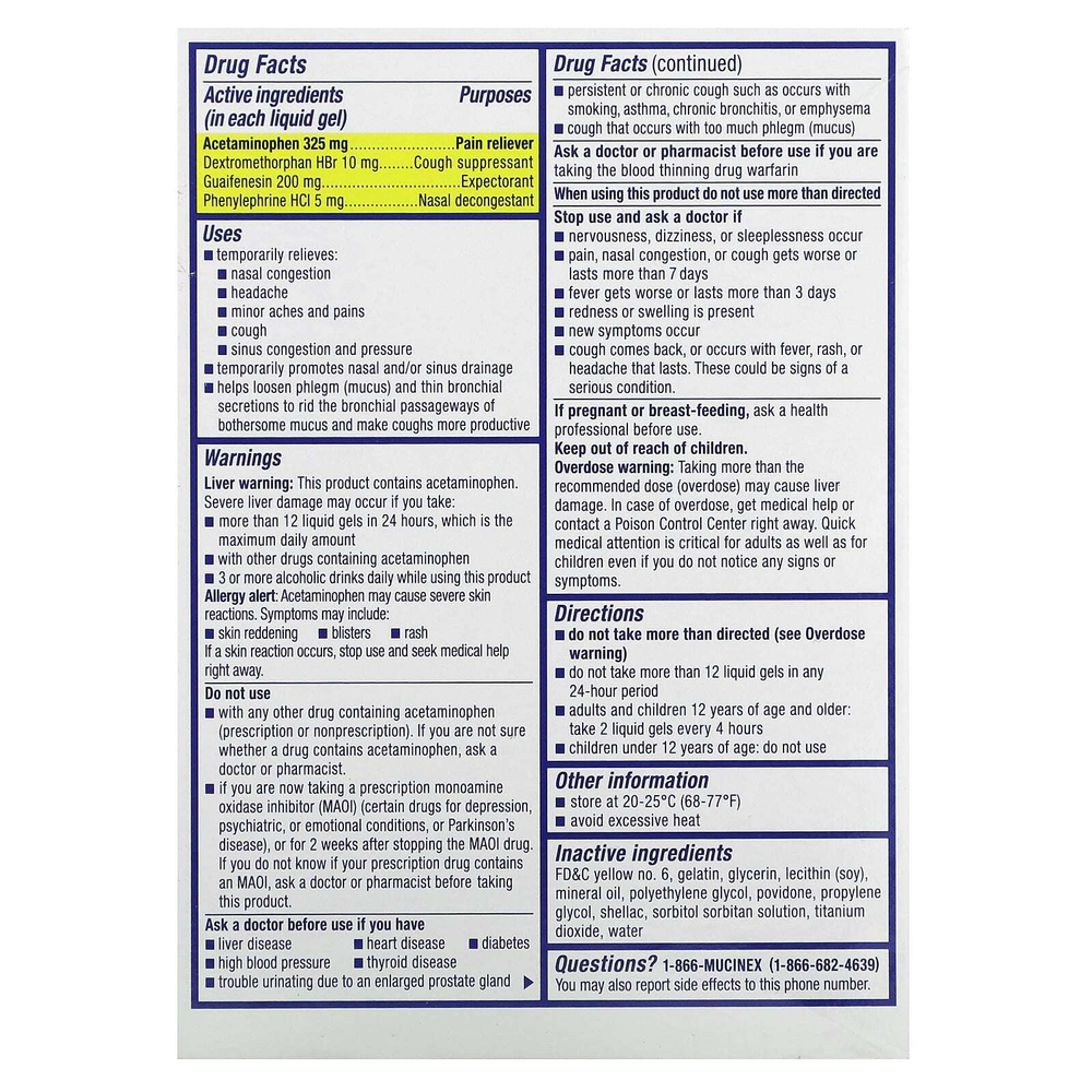 Mucinex, Sinus-Max, давление, боль и кашель, максимальная сила действия, для детей от 12 лет, 16 жидких капсул