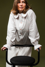 Рубашка с воротником "ромашка", зеленая полоска на персиковом