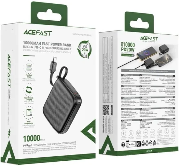 УМБ Acefast M15 10000 mAh QC3.0/PD20W USB-C Оборудование с Type-C cable Black