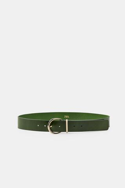 ZARA РЕМЕНЬ ИЗ 100% КОЖИ С КРУГЛОЙ ПРЯЖКОЙ, ЗЕЛЕНЫЙ