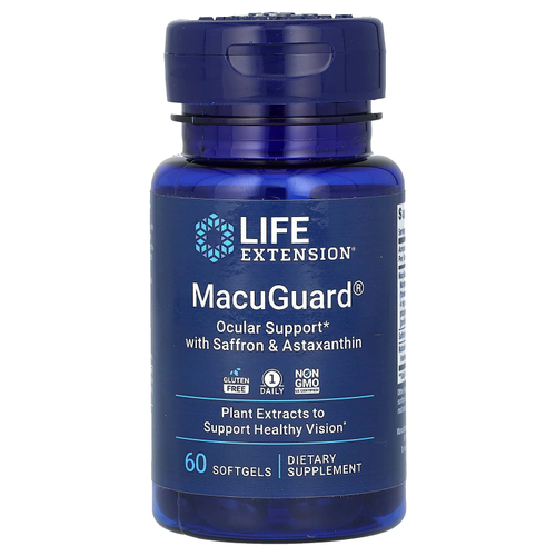 Life Extension, MacuGuard, поддержка зрения с шафраном и астаксантином, 60 капсул