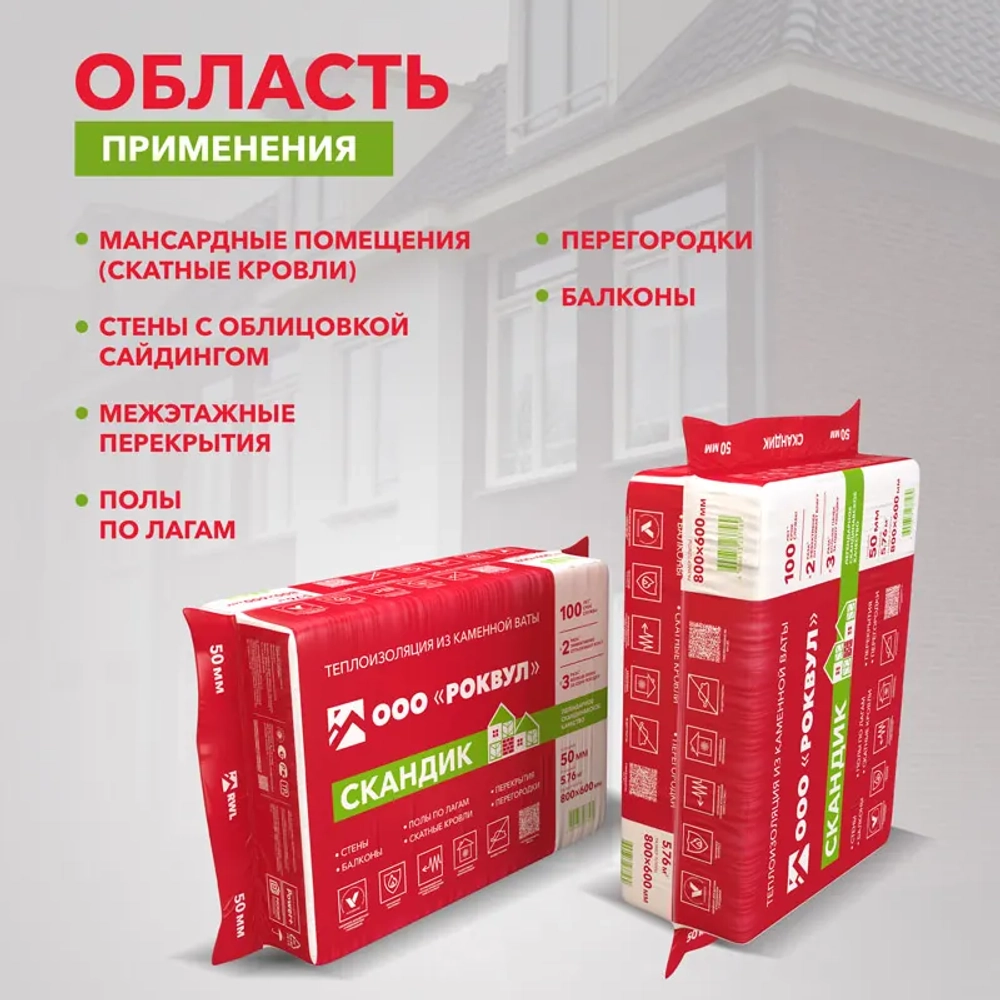Утеплитель Роквул Лайт Баттс Скандик 800х600х50 мм