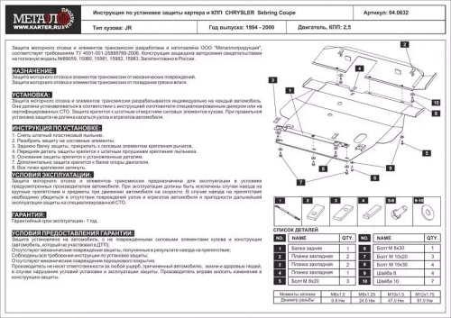 Защита картера и КПП Sheriff для Chrysler Sebring (FJ) 1995-1997 арт.04.0632