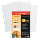 Файлы перфорированные А4 BRAUBERG комплект 100 шт. матовые 30 мкм (6 штук в упаковке)