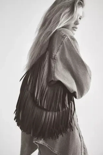 ZARA СУМКА-ШОПЕР С БАХРОМОЙ, ЧЕРНЫЙ