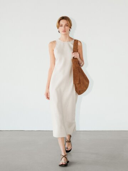 Massimo Dutti Платье миди из 100% льна с горловиной халтер,  натуральный, кремовый