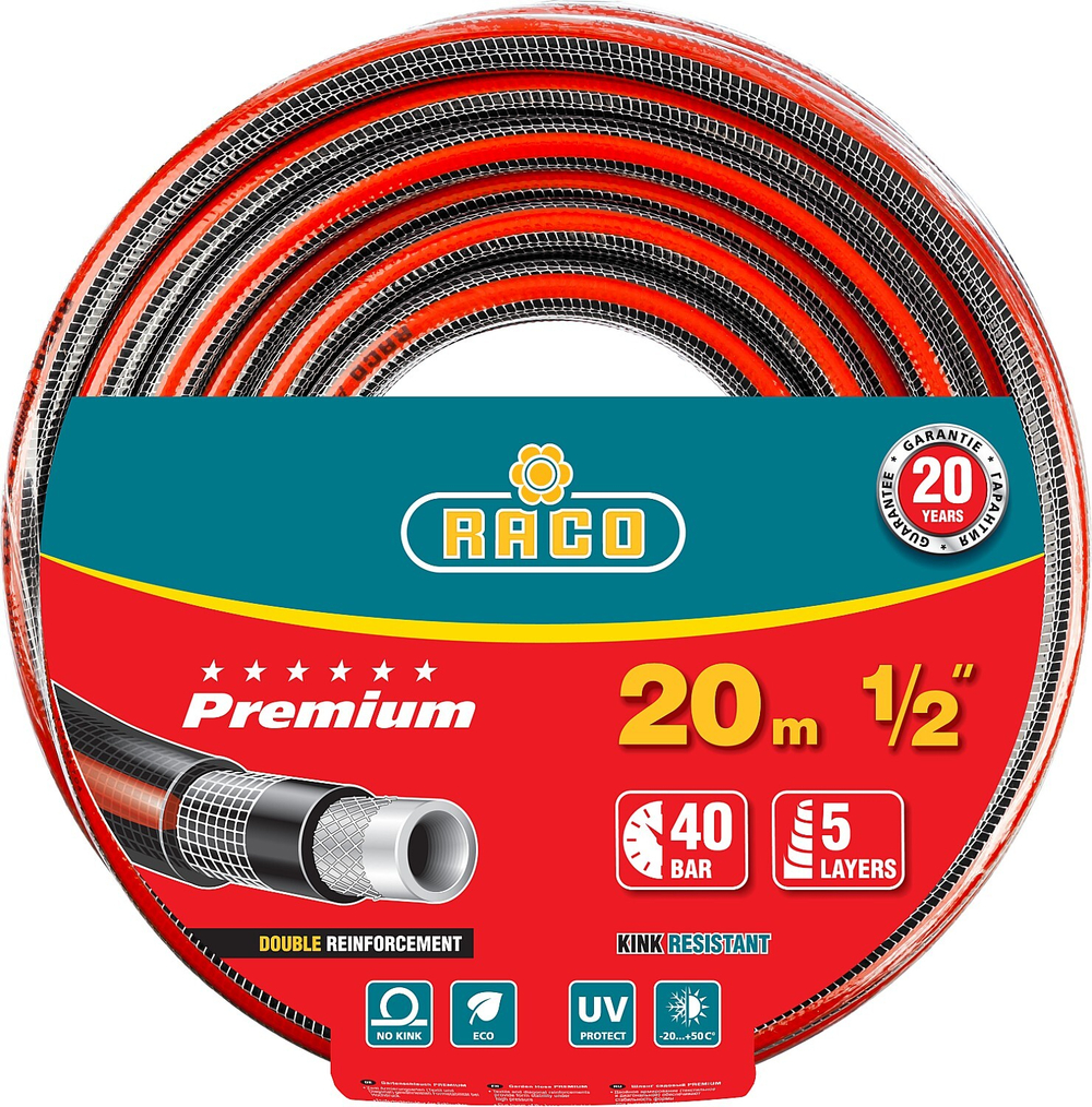 Поливочный шланг RACO PREMIUM 1/2″ 20 м 40 атм пятислойный усиленный двумя слоями армирования