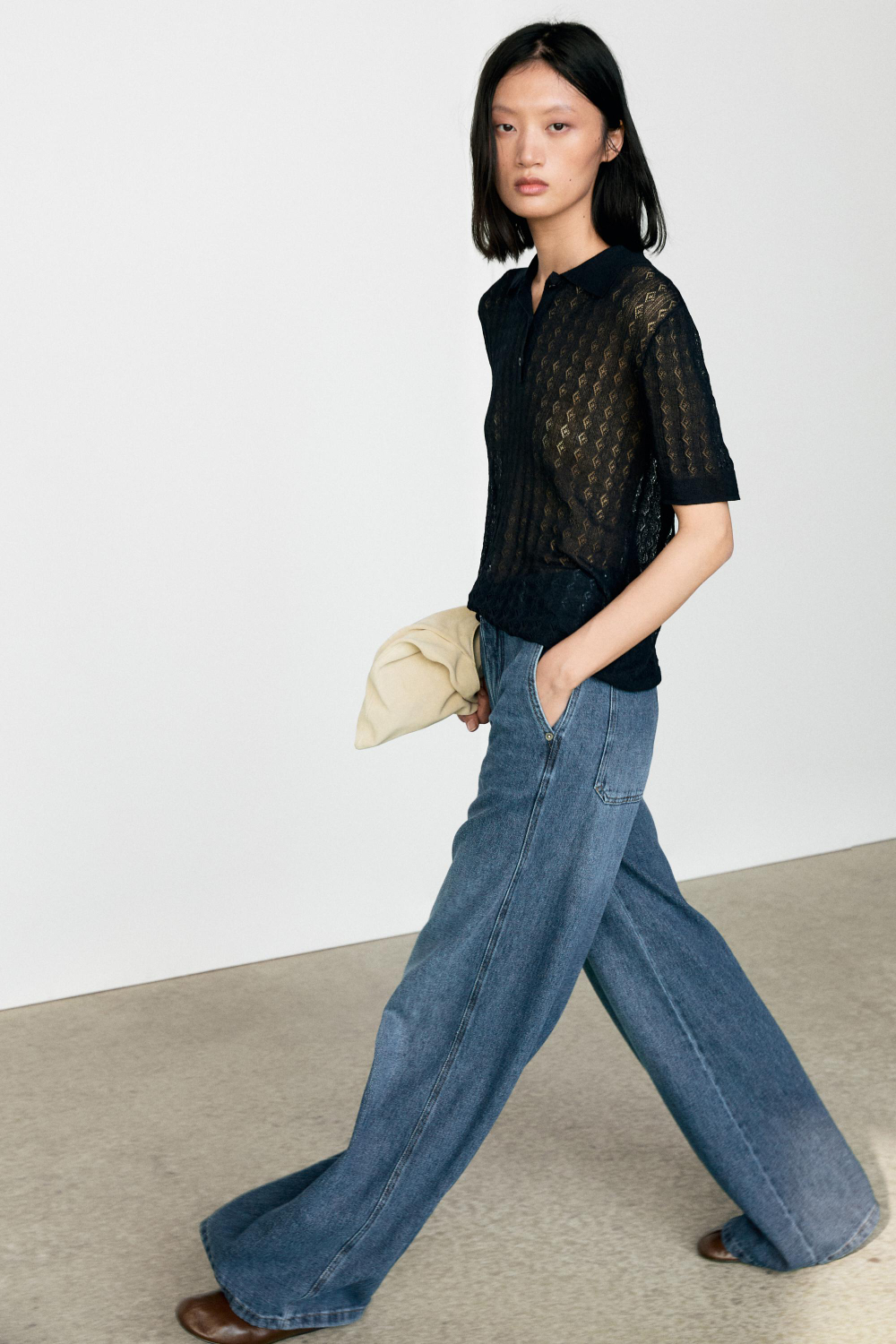 Massimo Dutti Трикотажное поло с ажурным узором, черный