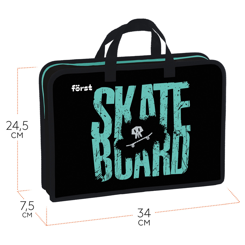 Папка с ручками 1 отделение, А4 "Skateboard", 340*245*75мм, пластик, на молнии, Först