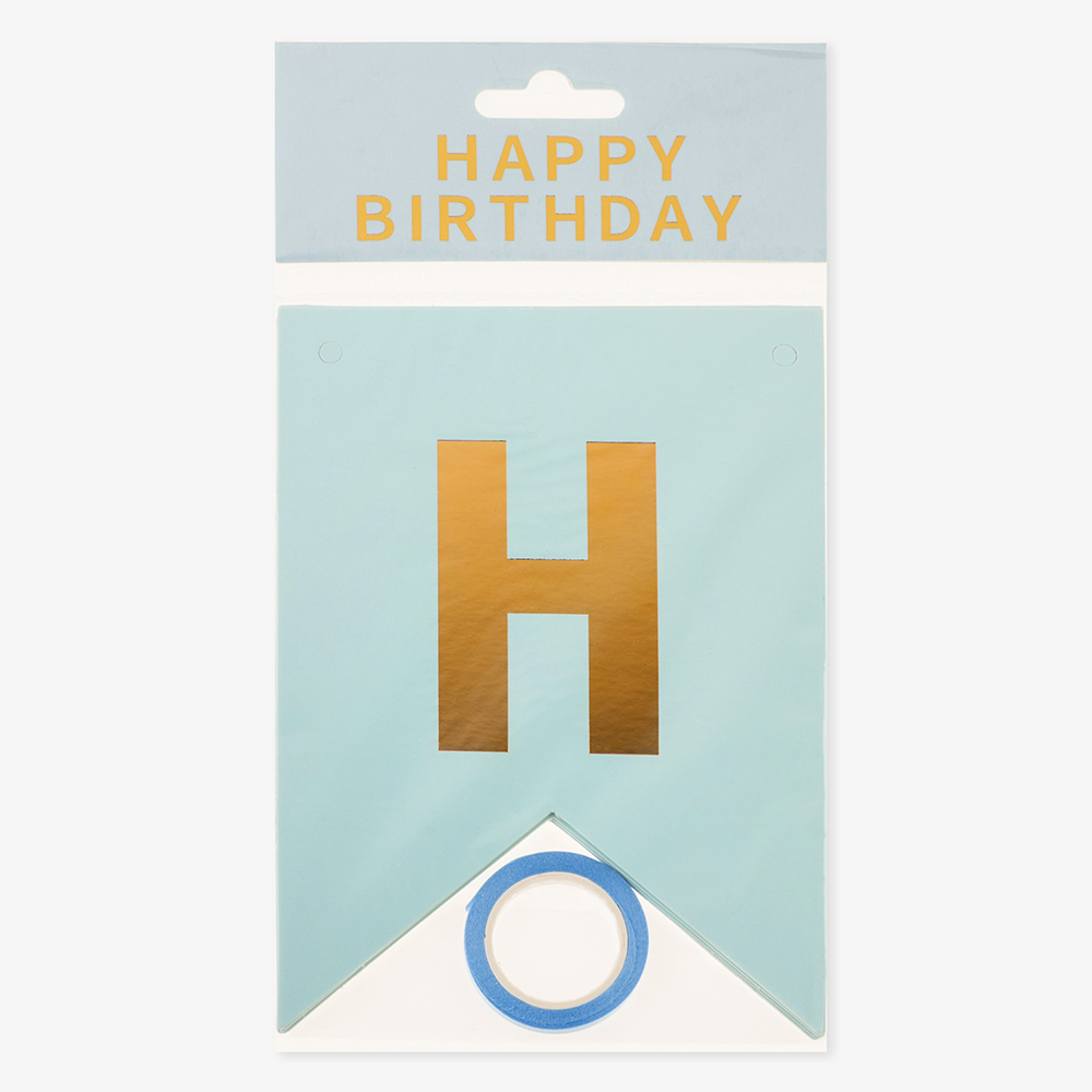 Гирлянда Флажки, Happy Birthday, Голубой/Золото, Металлик, 500 см, 16*12 см
