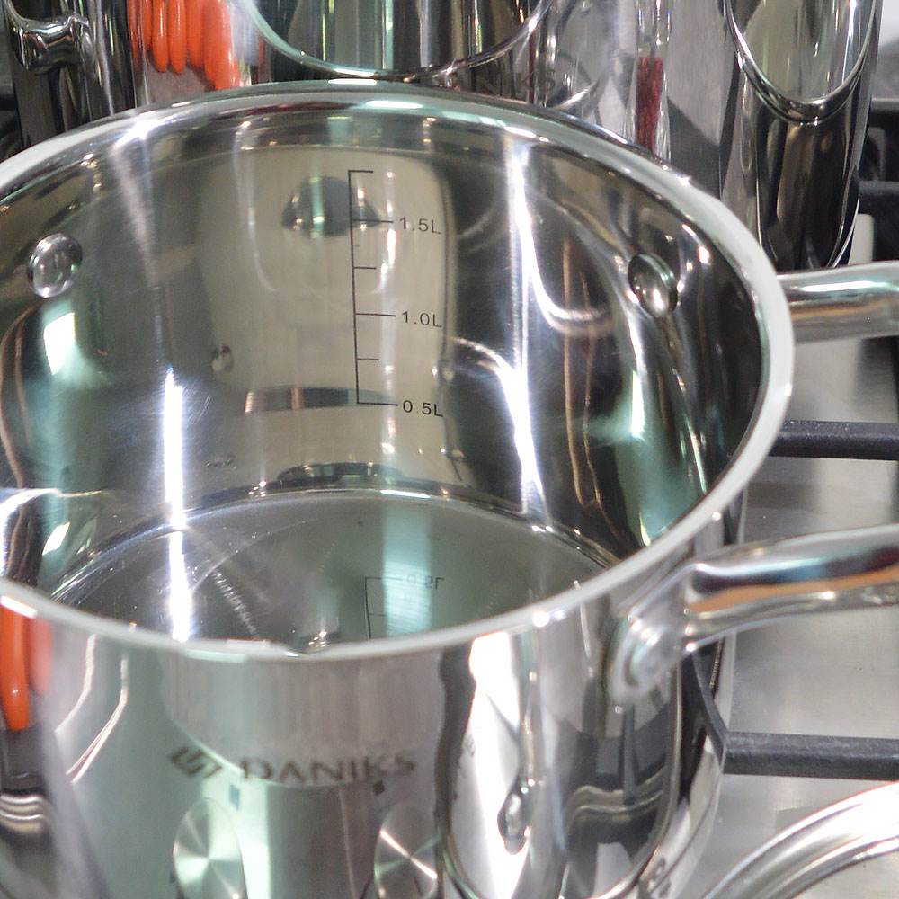 Набор кастрюль 4 предмета (2,1л, 2,9л, 5,1л, сковорода 3,1л) нерж, индукция, "Daniks" Рейн