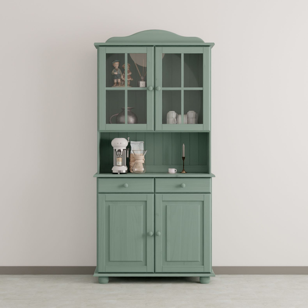 Шкаф витрина, 90х28х109, Лена, стеклянная для посуды, буфет двухдверный, с 2 полками (верхняя часть буфета Лена), массив сосны, зеленый эвкалипт, Dipriz