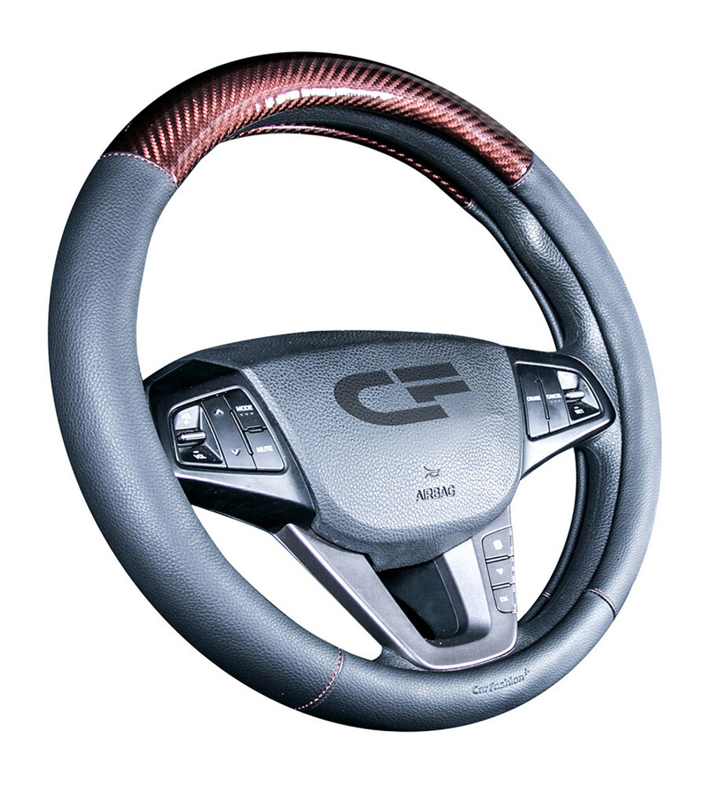 Оплетка на руль круглая CarFashion -М- «CARBON CF» 31459 - Экокожа - черный/кофе