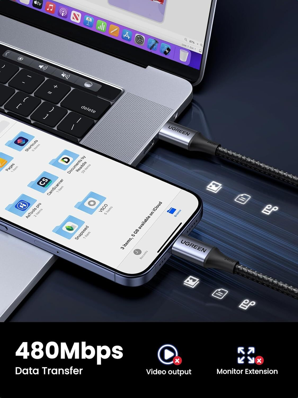 Кабель USB C - USB C, 480Mbps, 5A, QC4.0/PD3.1, 240W, 2m, UGREEN 90440