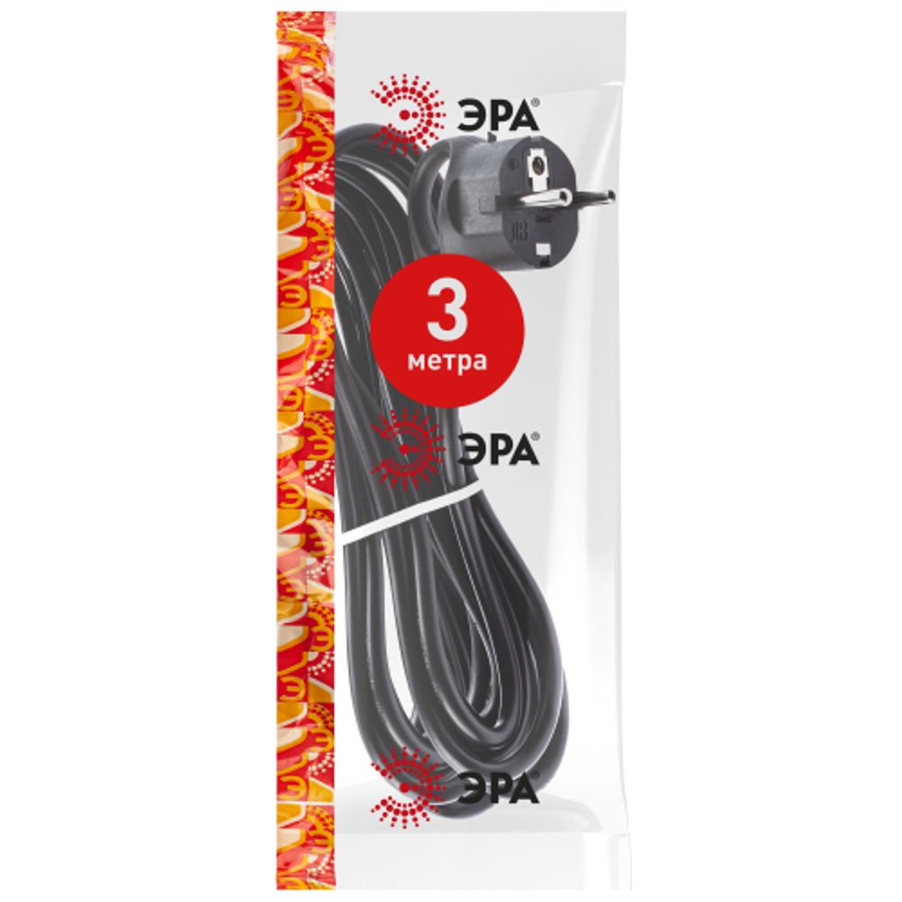 Шнур сетевой с вилкой ЭРА UX-3x0,75-3m-B с заземлением 3м ПВС 3x0,75мм2 черный
