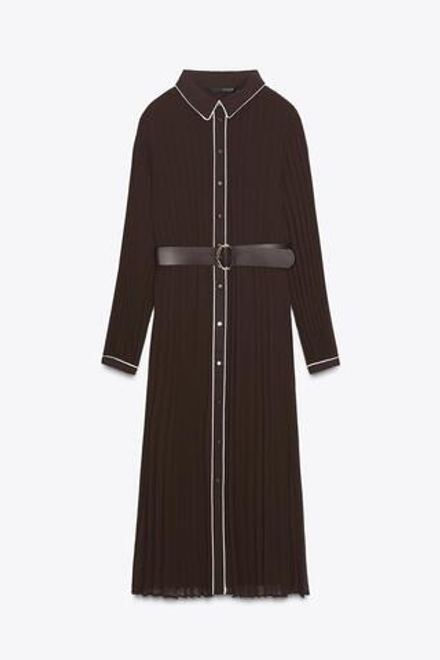 ZARA ПЛИССИРОВАННОЕ ПЛАТЬЕ МИДИ С ПОЯСОМ, КОРИЧНЕВЫЙ