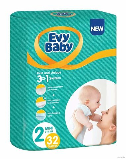 Подгузники EVY BABY 2 Mini 3-6 кг 32 штуки