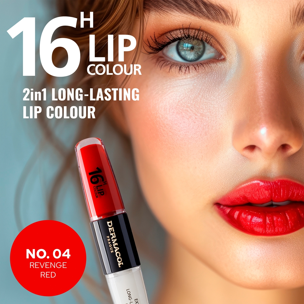 Dermacol 16H Lip Colour - Долговременная помада и блеск для губ оттенок 04 Revenge Red, 2 ml