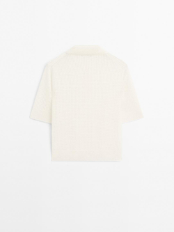 Massimo Dutti Свитер ажурной вязки с воротником поло, натуральный, кремовый