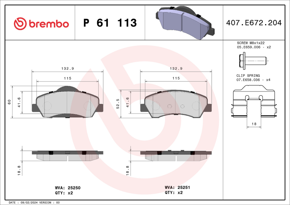 BREMBO - P61113-BRB - Brake Pad Set, disc brake