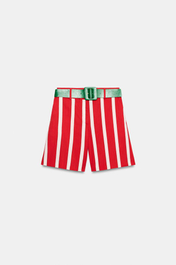 ZARA ШОРТЫ В ПОЛОСКУ С РЕМНЕМ, ЭКРЮ/КРАСНЫЙ