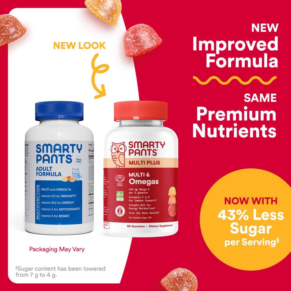 SmartyPants, Multi Plus, мультивитамины и омега, жевательные таблетки, лимон, апельсин и клубника с бананом, 90 жевательных таблеток