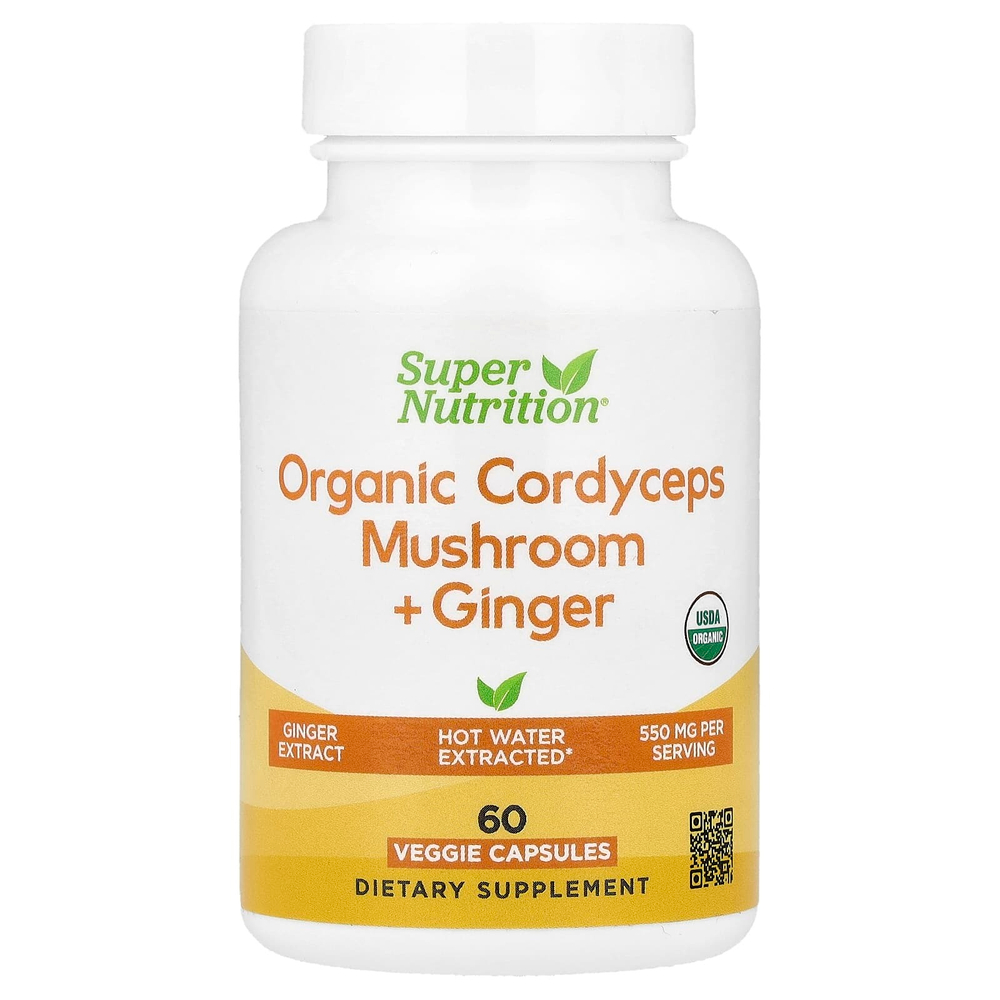 Super Nutrition, органический гриб кордицепс с имбирём, 60 вегетарианских капсул