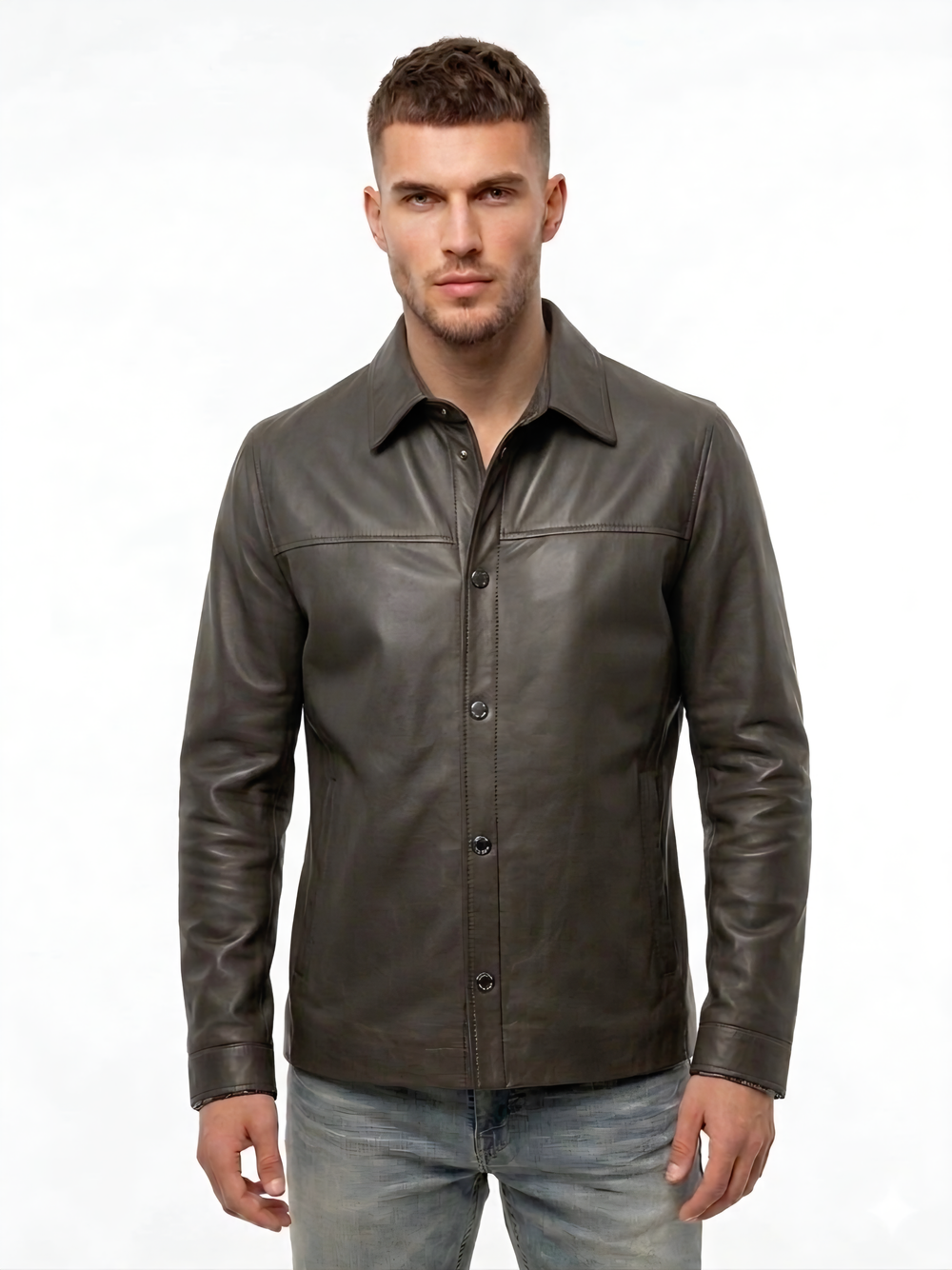 KHIMEONE Мужская кожаная куртка-рубашка из натуральной кожи наппа (Nappa)