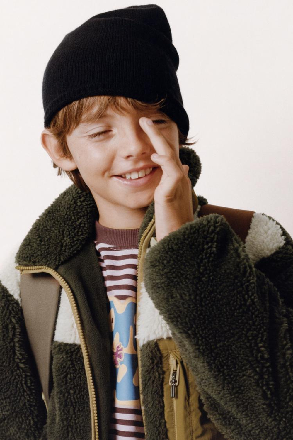 ZARA КУРТКА ИЗ ИСКУССТВЕННОЙ ОВЧИНЫ В СТИЛЕ КОЛОР-БЛОК, ХАКИ