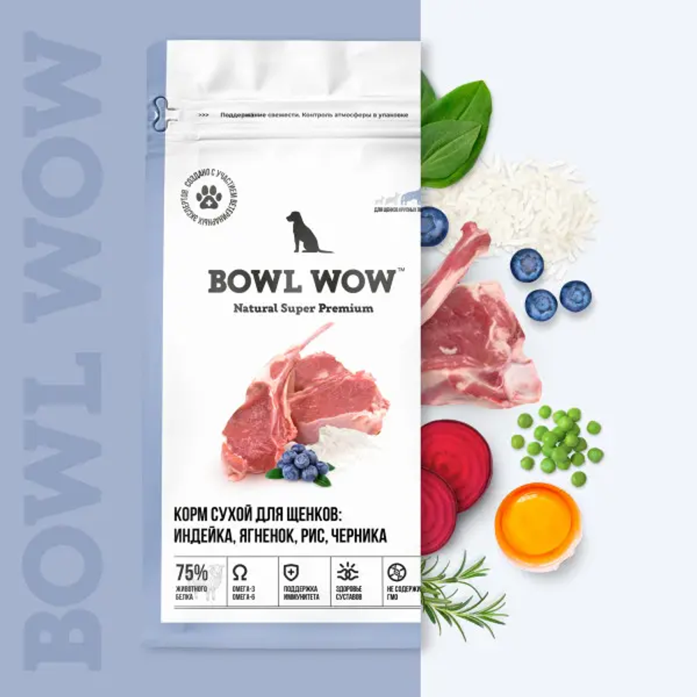 Bowl wow корм сухой для щенков крупных пород: индейка, ягненок, рис, черника