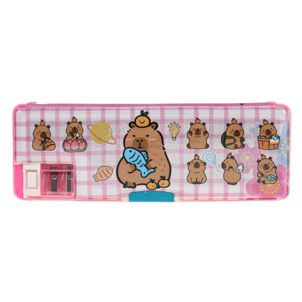 Пенал пластиковый "Капибара" с блестками, 2 отв., с точилкой, 3 вида микс