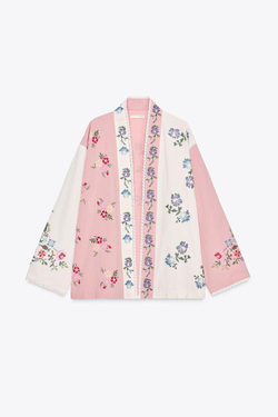 ZARA ХЛОПКОВЫЙ КАФТАН С ЦВЕТОЧНОЙ ВЫШИВКОЙ, РОЗОВЫЙ