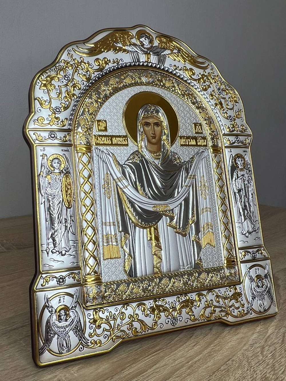 Покрова БМ, икона арочная с рамкой, красное дерево 167х228