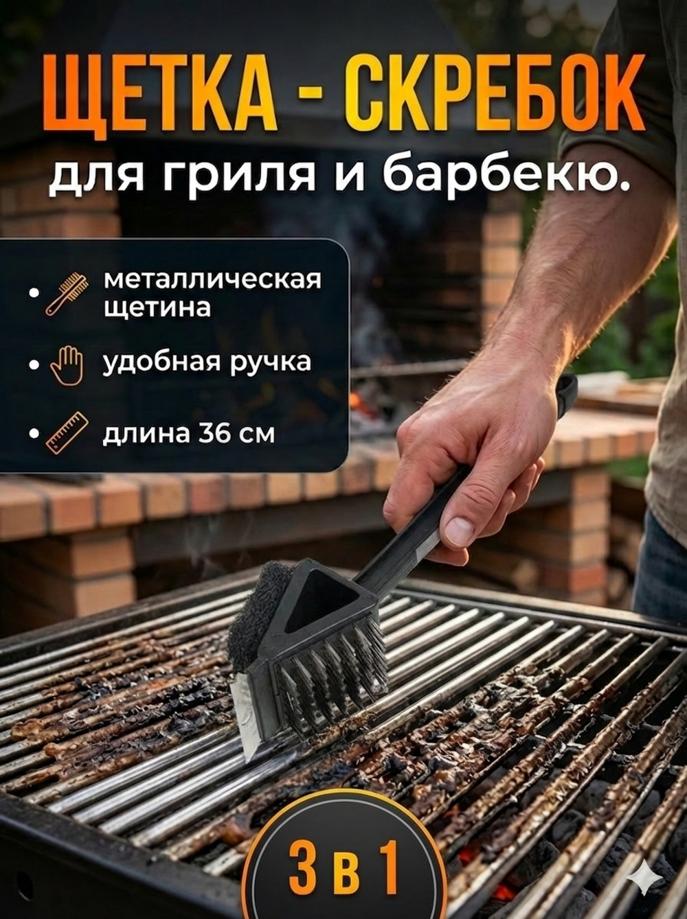 Щетка-скребок для барбекю 3 в 1"Треугольник» 36см