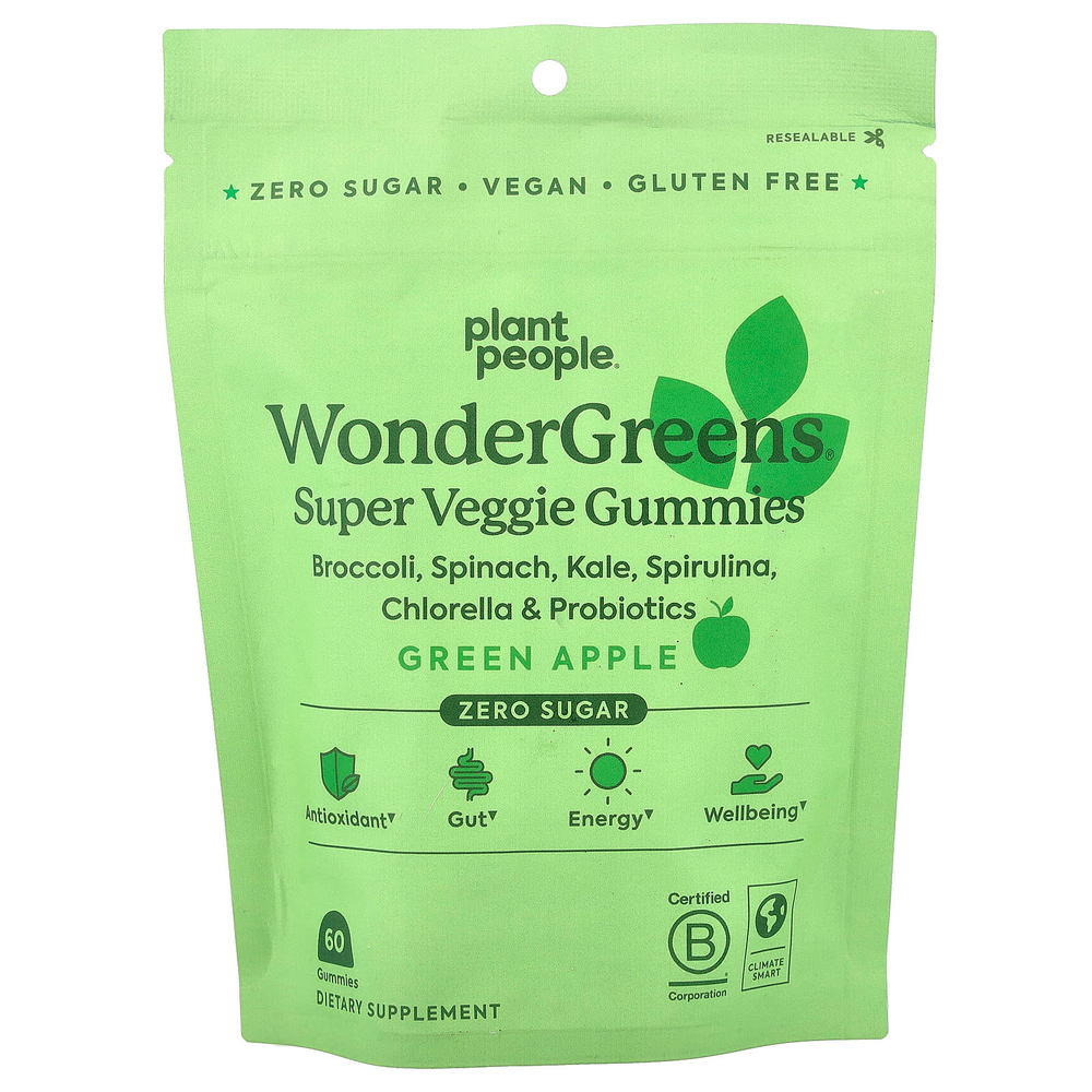 Plant People, WonderGreens®, супервегетарианские жевательные таблетки, со вкусом зеленого яблока, 60 жевательных конфет