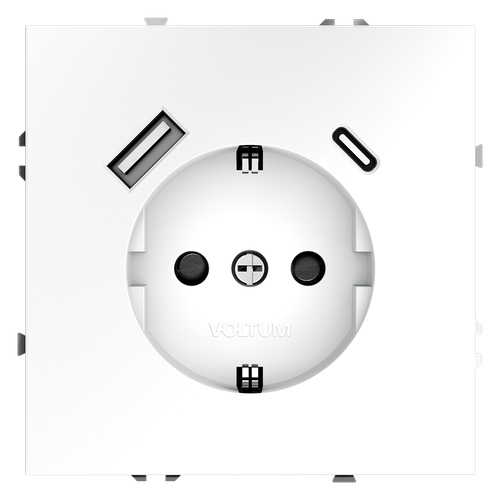Розетка встраиваемая VOLTUM S70 с заземлением и защитными шторками, 16А, с USB, A+С, (белый матовый)