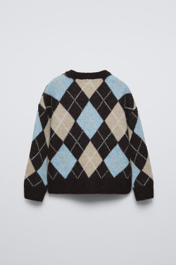 ZARA СВИТЕР С УЗОРОМ «РОМБЫ», ГОЛУБОЙ